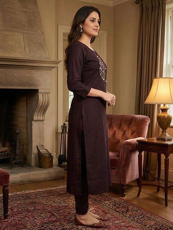 women self design three quarter sleeve straight kurta - 22241798 -  Standard Image - 2