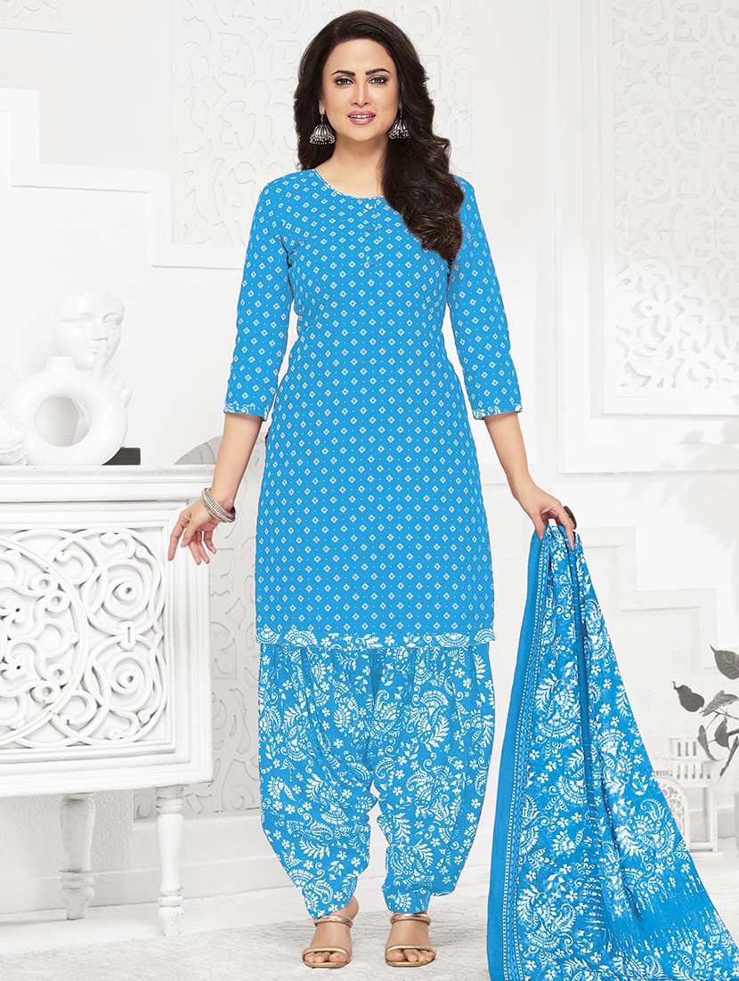 women printed three quarter sleeve kurta patiala with dupatta set