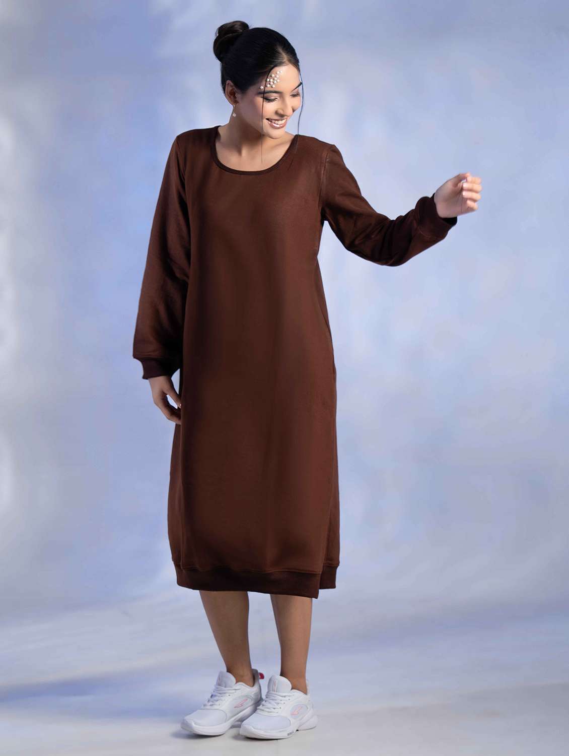 women solid long sleeve woolen t-shirt dress