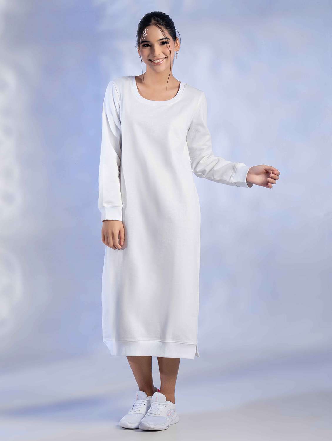 women solid long sleeve woolen t-shirt dress