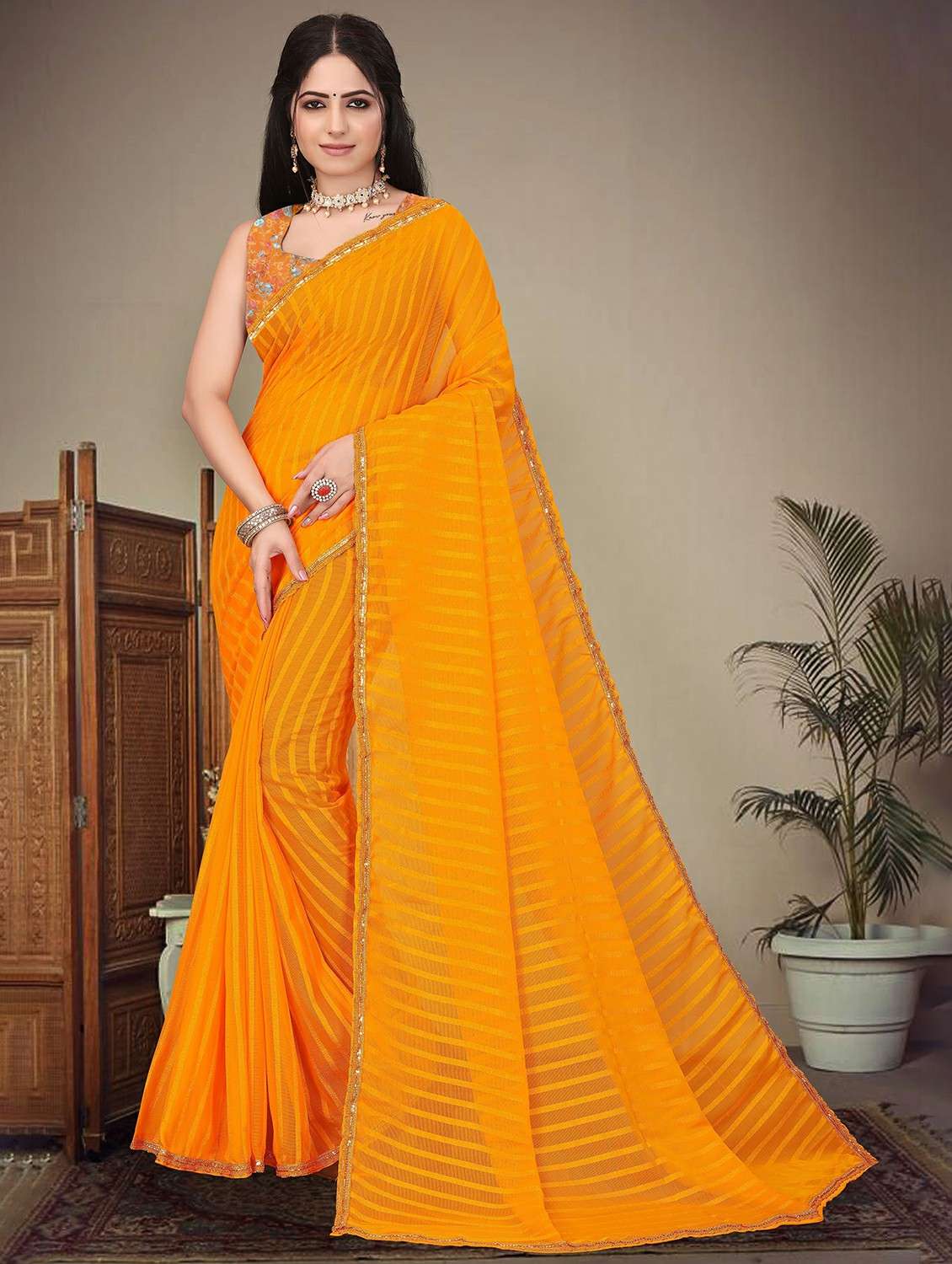 women striped printed saree with blouse