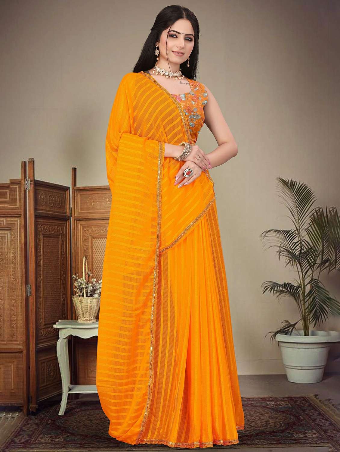 women striped printed saree with blouse - 22243559 -  Standard Image - 2