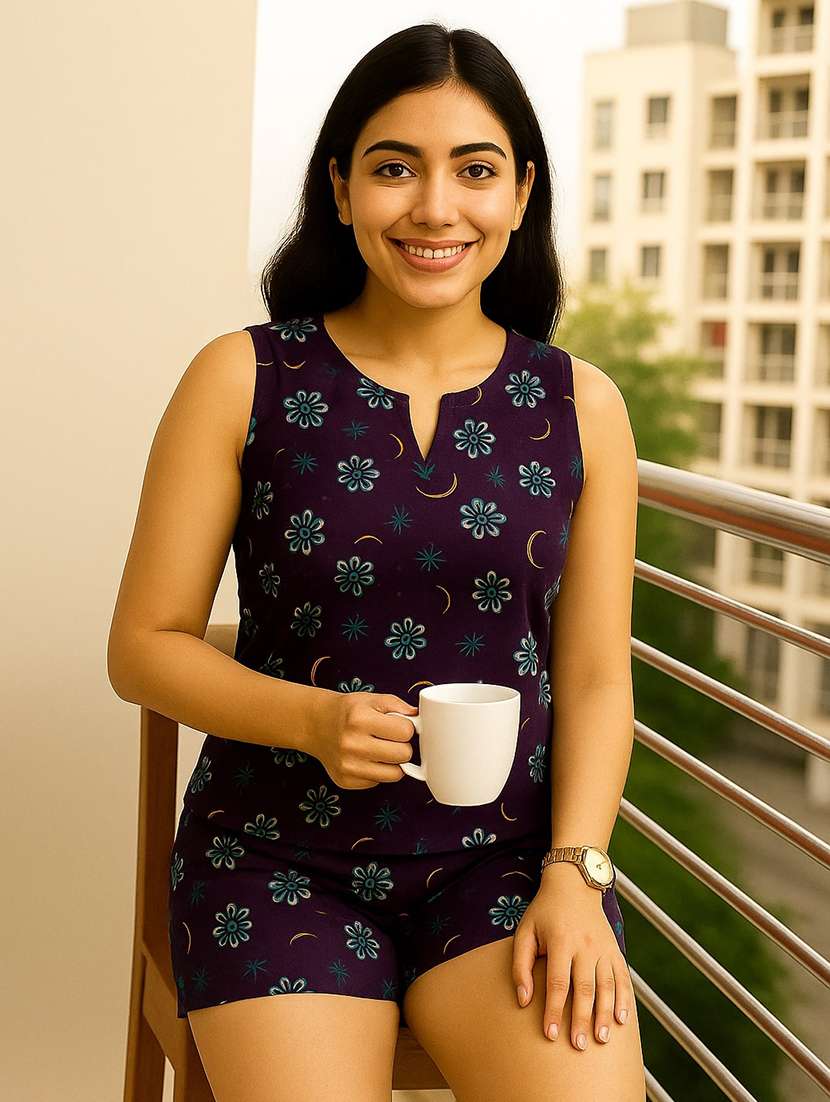 women printed sleeveless nightwear short set - 22244024 -  Standard Image - 2