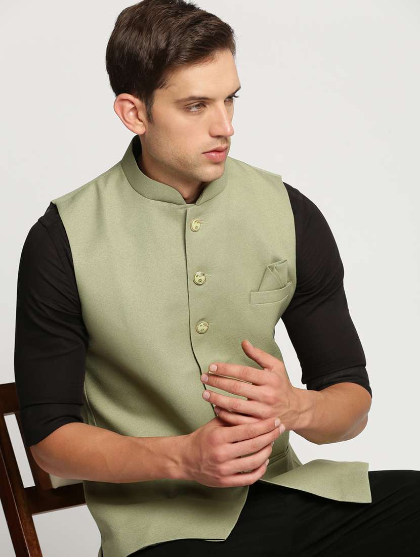 men solid mandarin neck regular fit nehru jacket