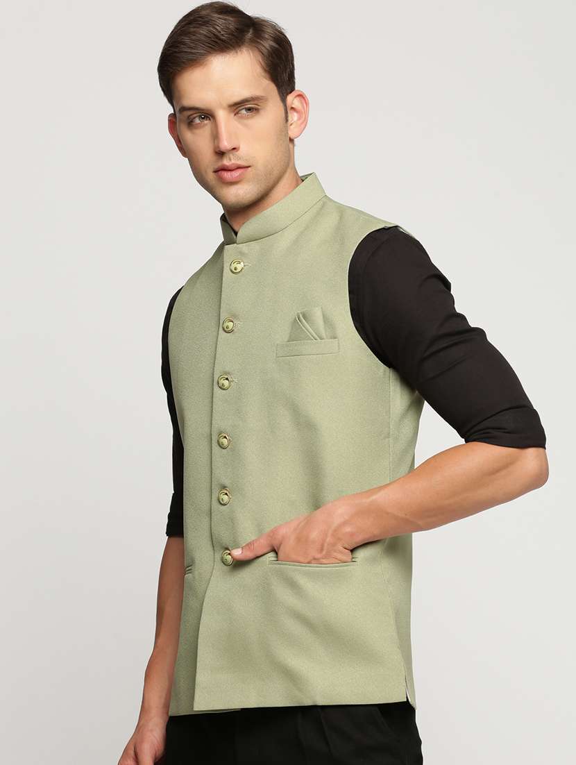 men solid mandarin neck regular fit nehru jacket - 22244200 -  Standard Image - 2