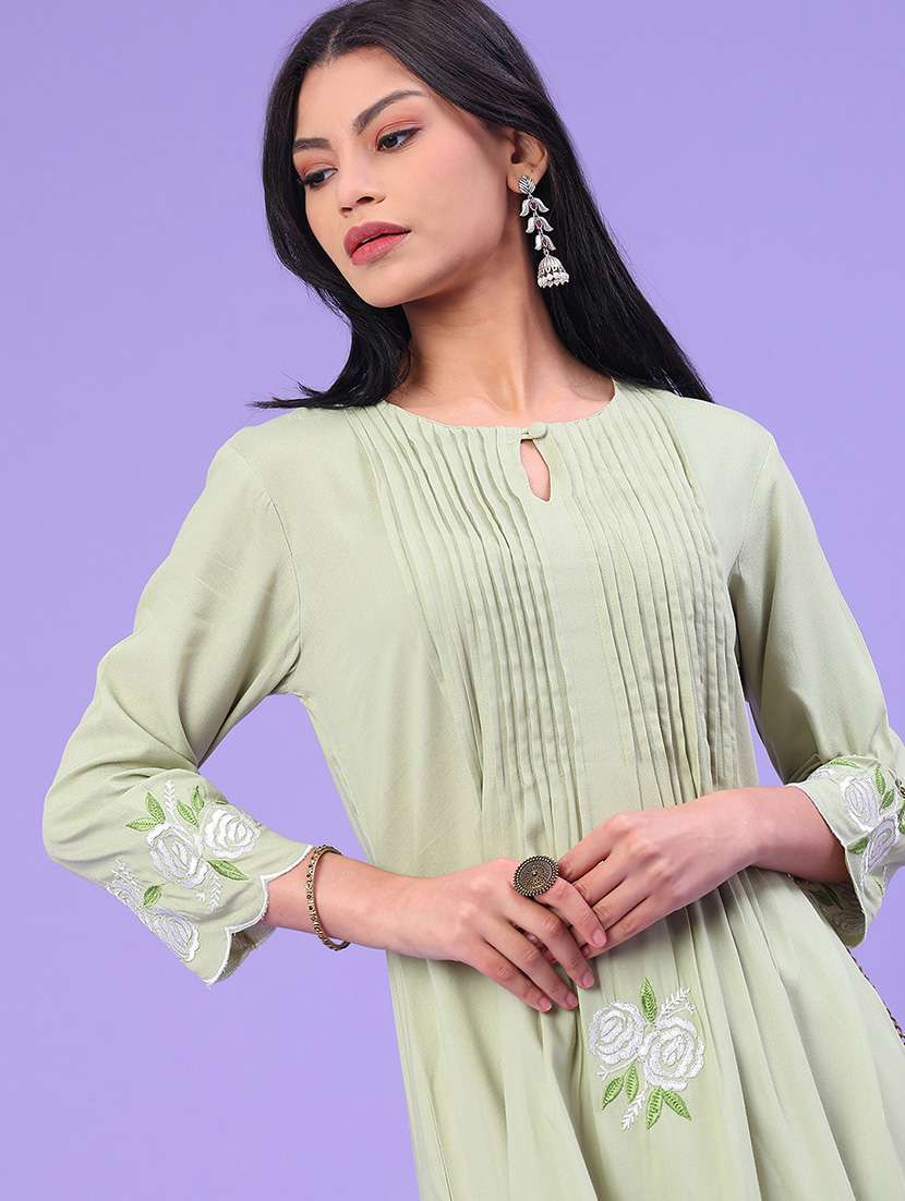 women solid with work three quarter sleeve a-line kurta - 22246318 -  Standard Image - 2
