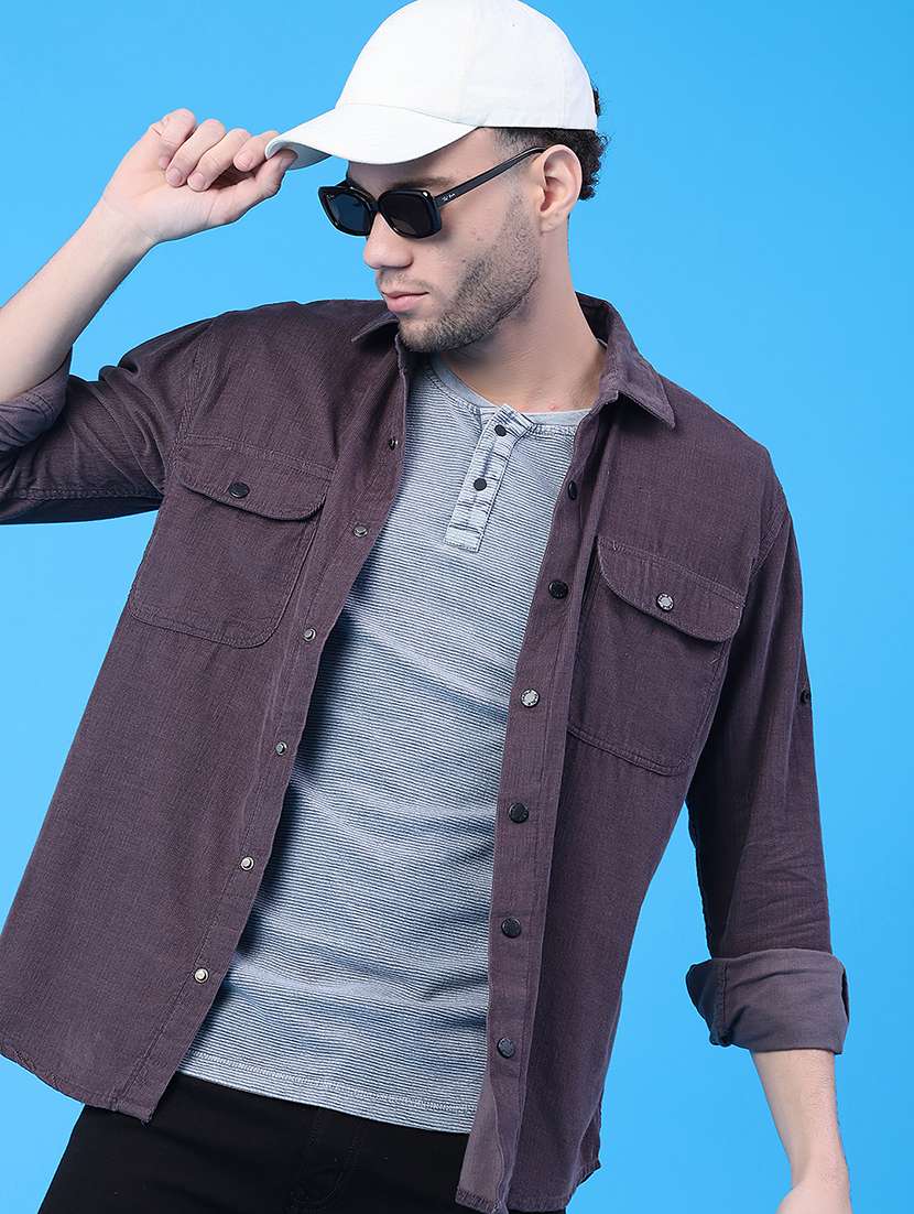 men solid collared long sleeve shirt