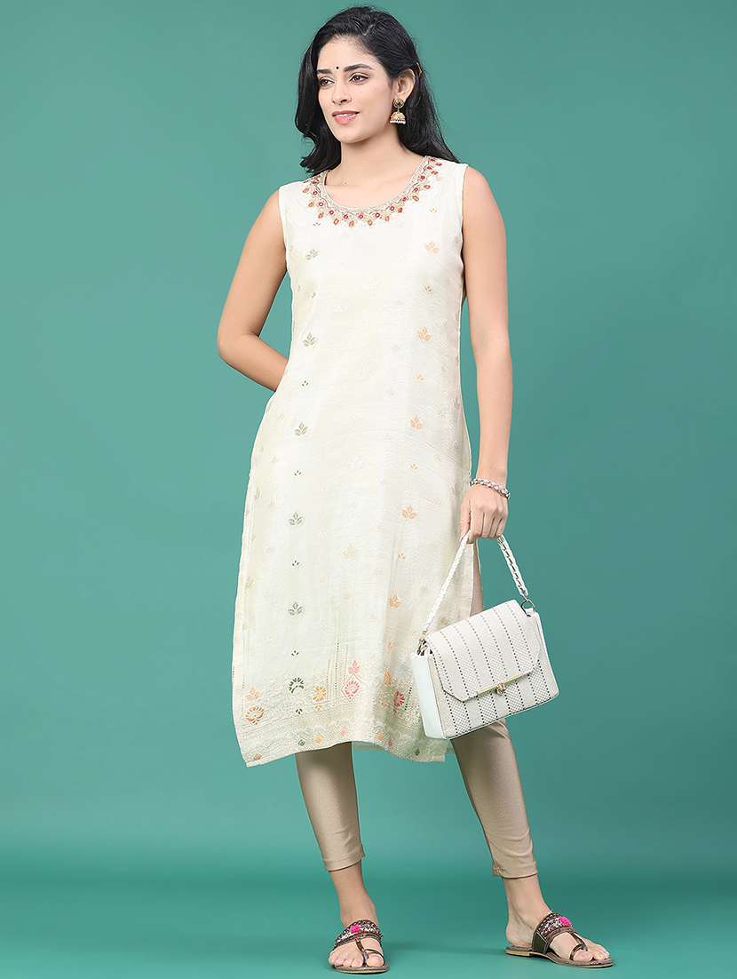 women printed sleeveless kurta leggings set
