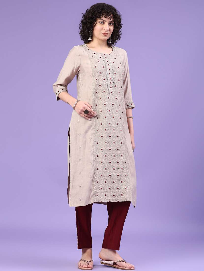 women solid with work three quarter sleeve kurta pant with dupatta set - 22246536 -  Standard Image - 2