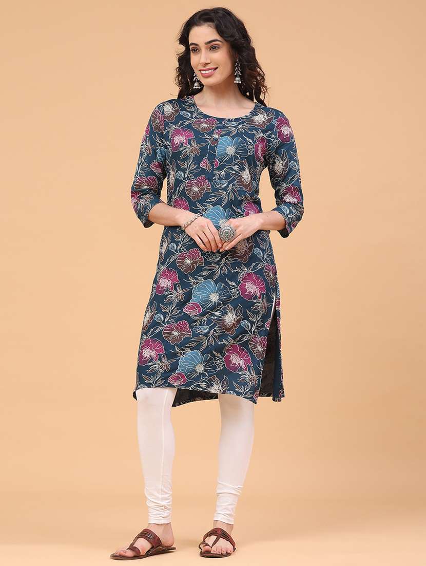 women floral printed three quarter sleeve straight kurta - 22246620 -  Standard Image - 2