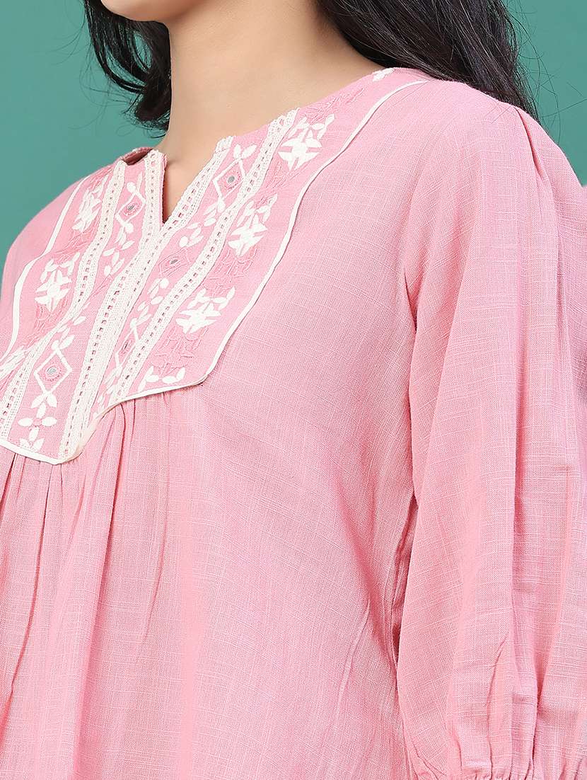 women solid with work three quarter sleeve a-line top - 22246666 -  Standard Image - 2