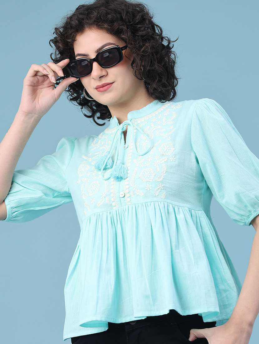 women solid with work tie-up neck top