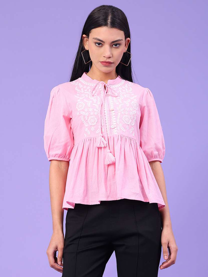 women solid with work puff sleeve peplum top