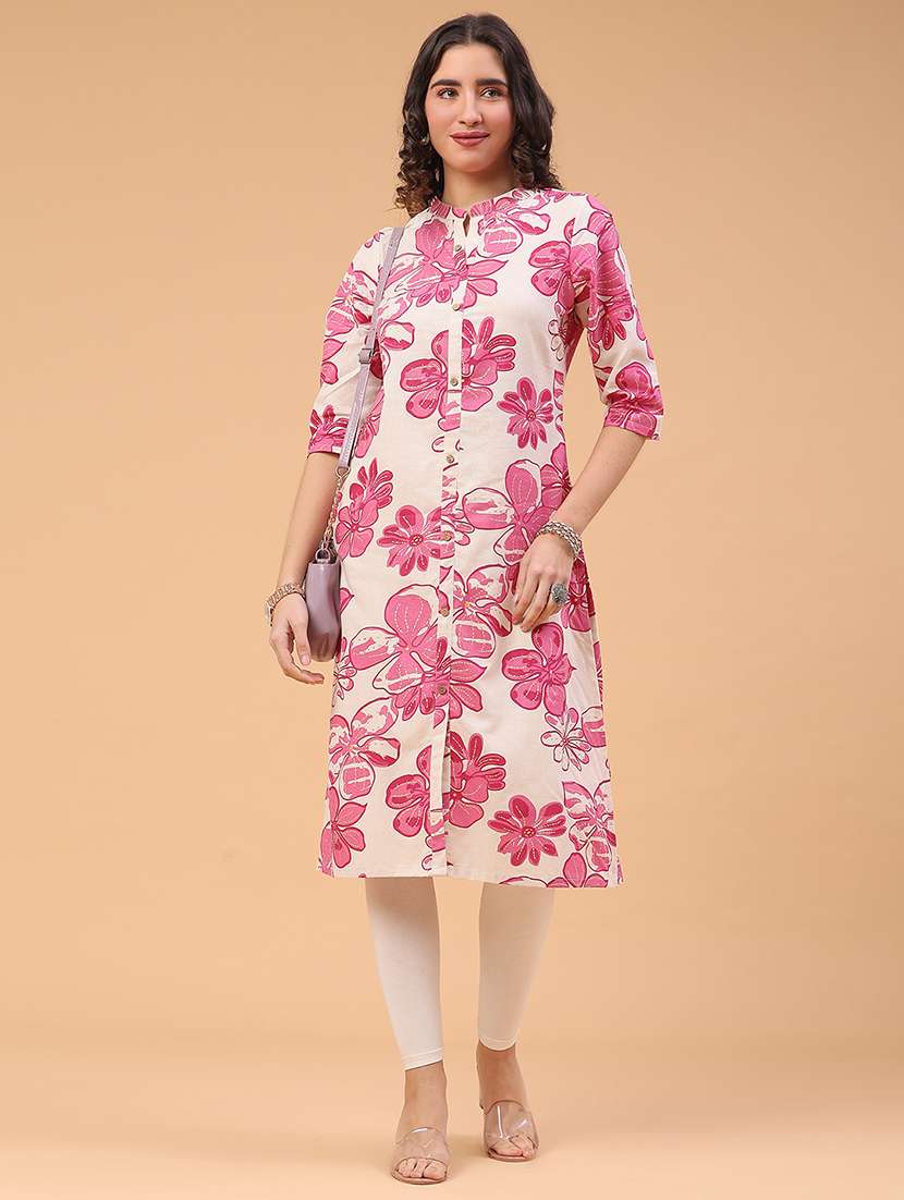 women floral three quarter sleeve a-line kurta 