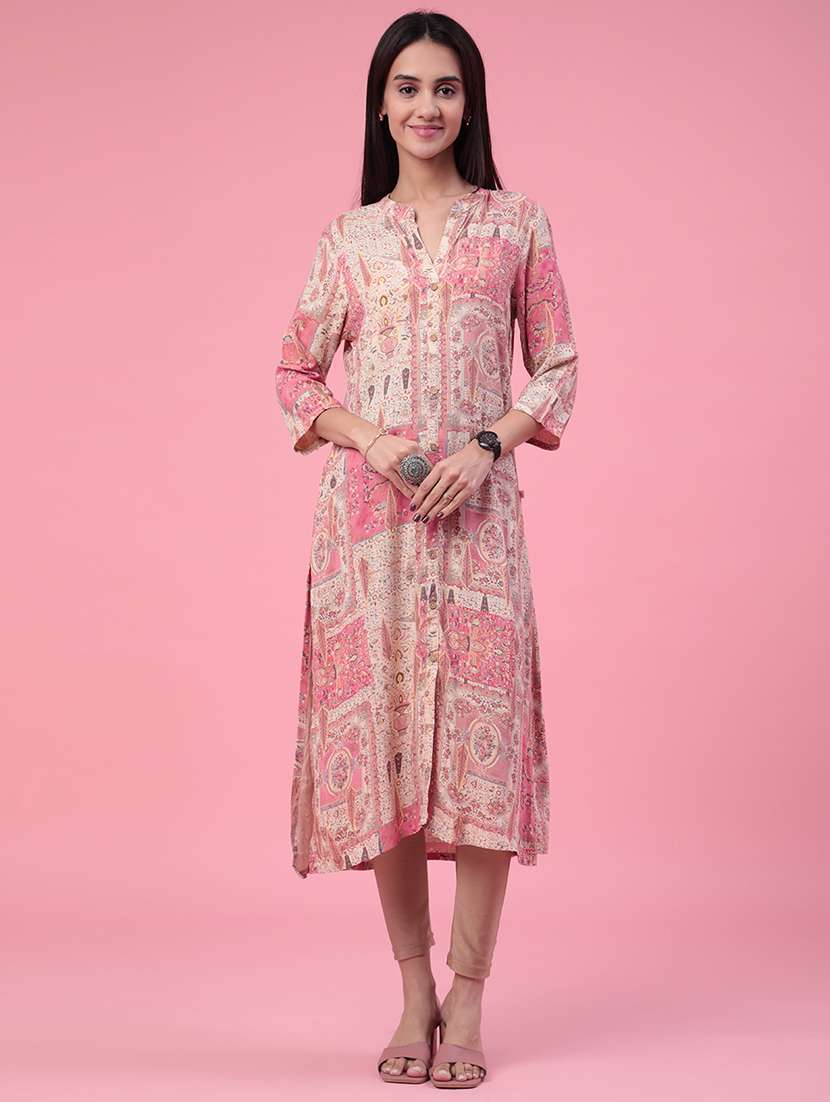 women printed three quarter sleeves a-line kurta - 22246782 -  Standard Image - 2