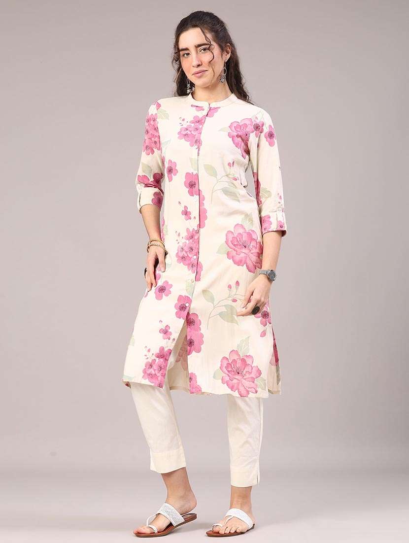 women floral three quarter sleeve straight kurta - 22246925 -  Standard Image - 2