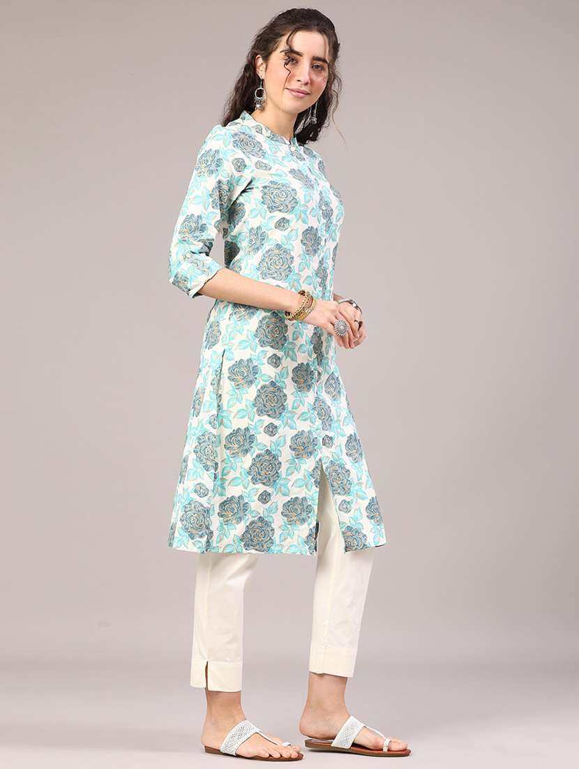 women floral three quarter sleeve a-line kurta - 22246972 -  Standard Image - 2