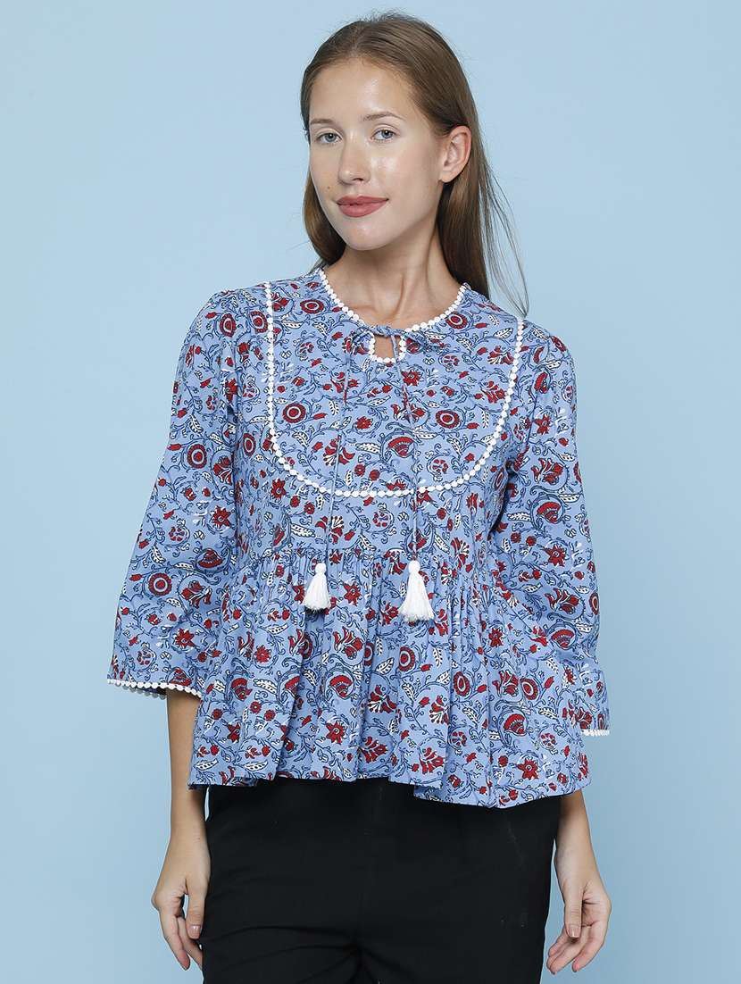 Women Printed Three Quarter Sleeves Flared Kurti - 22247096 -  Standard Image - 2
