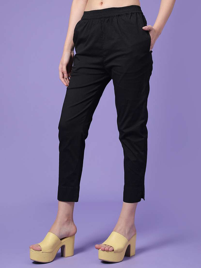 women solid mid rise ankle length tapered pant
