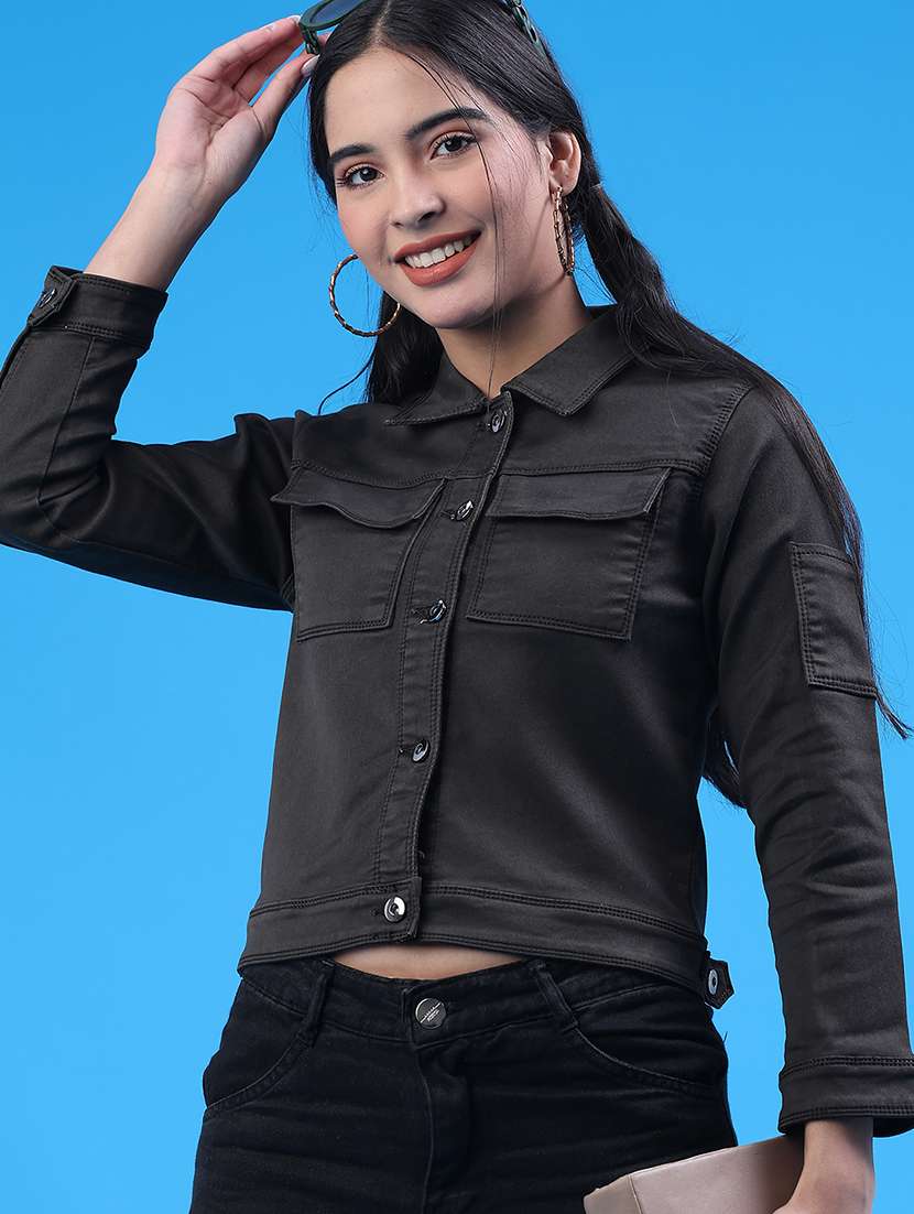 women solid long sleeve denim jacket