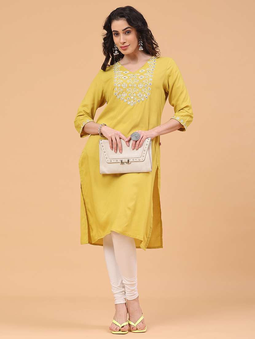 women solid with work three quarter sleeve straight kurta