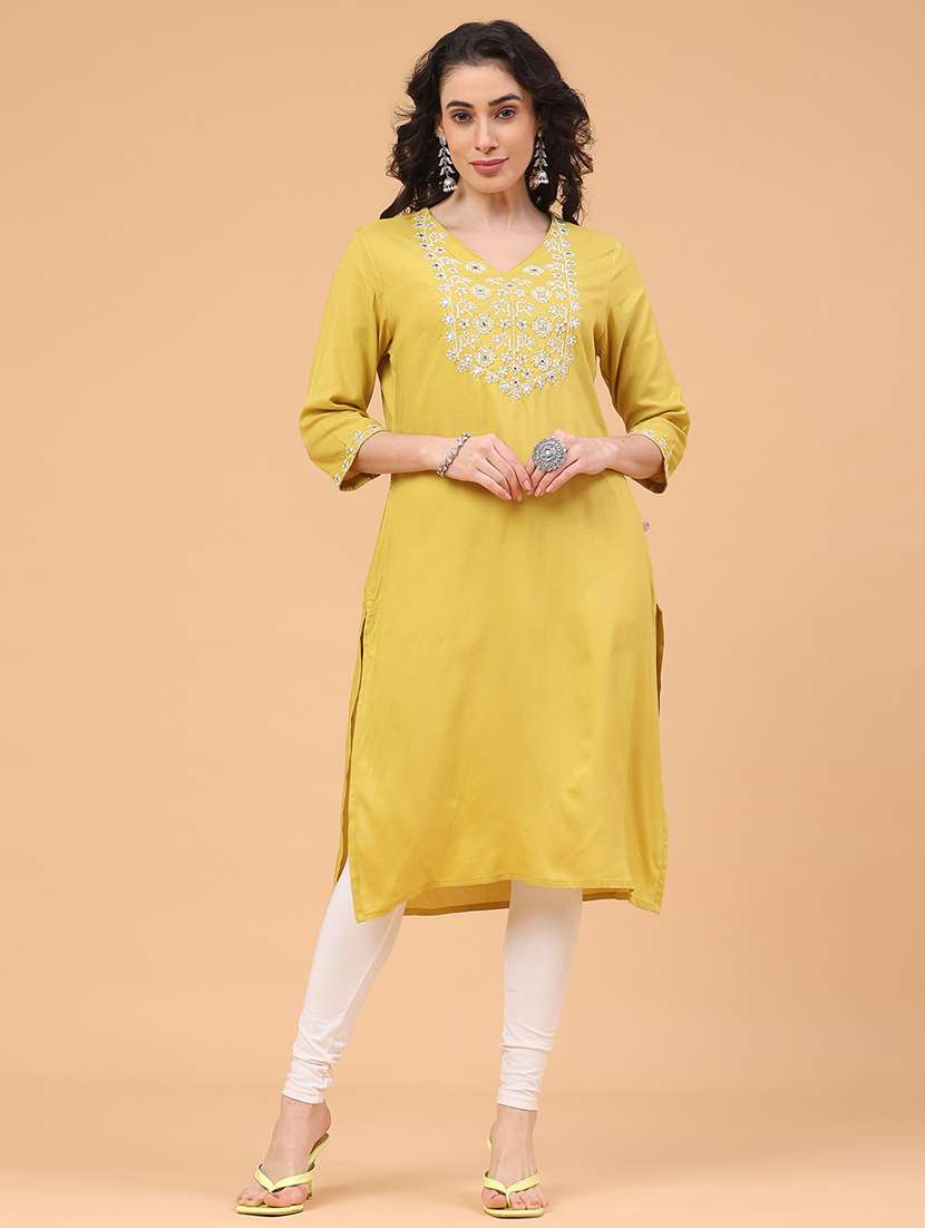 women solid with work three quarter sleeve straight kurta - 22247573 -  Standard Image - 2