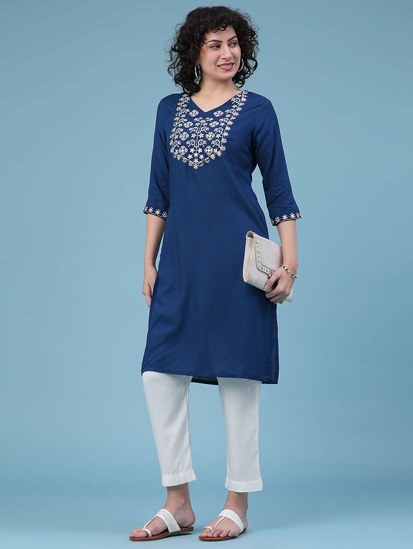 women solid with work three quarter sleeve straight kurta