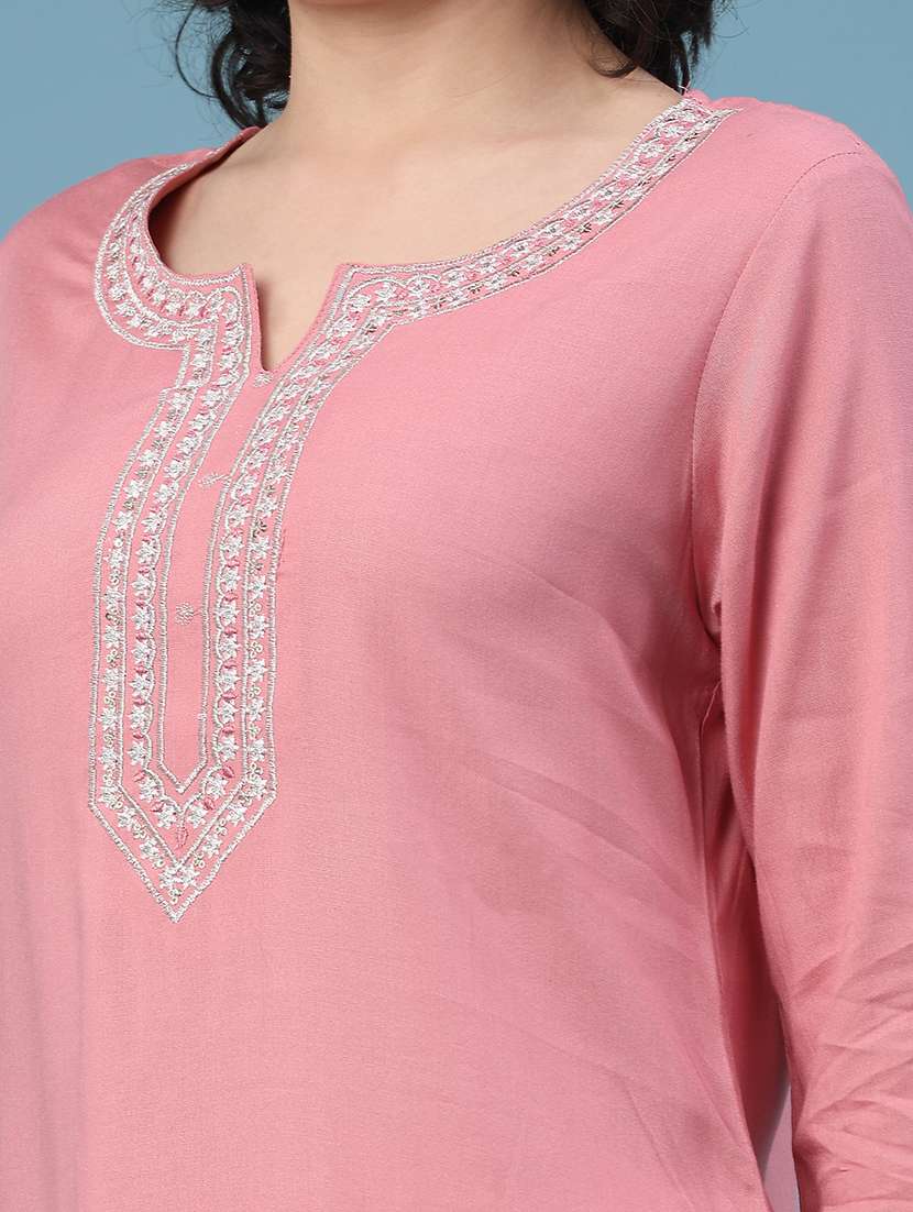 women solid with work three quarter sleeve straight kurta - 22247575 -  Standard Image - 2