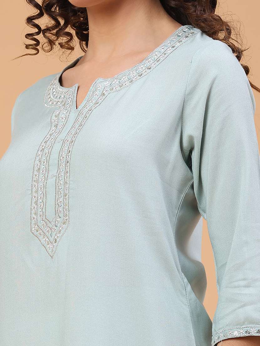 women solid with work three quarter sleeve straight kurta - 22247576 -  Standard Image - 2