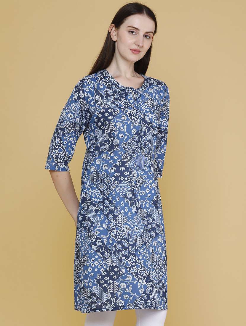 Women Printed Three Quarter Sleeves Straight Kurta - 22248171 -  Standard Image - 2