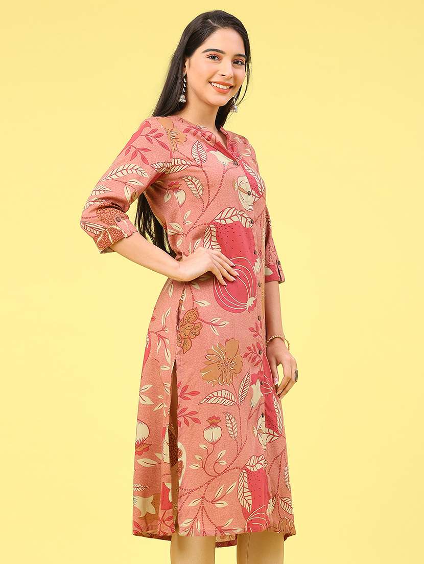 Women Printed Three Quarter Sleeve Straight Kurta - 22248180 -  Standard Image - 2