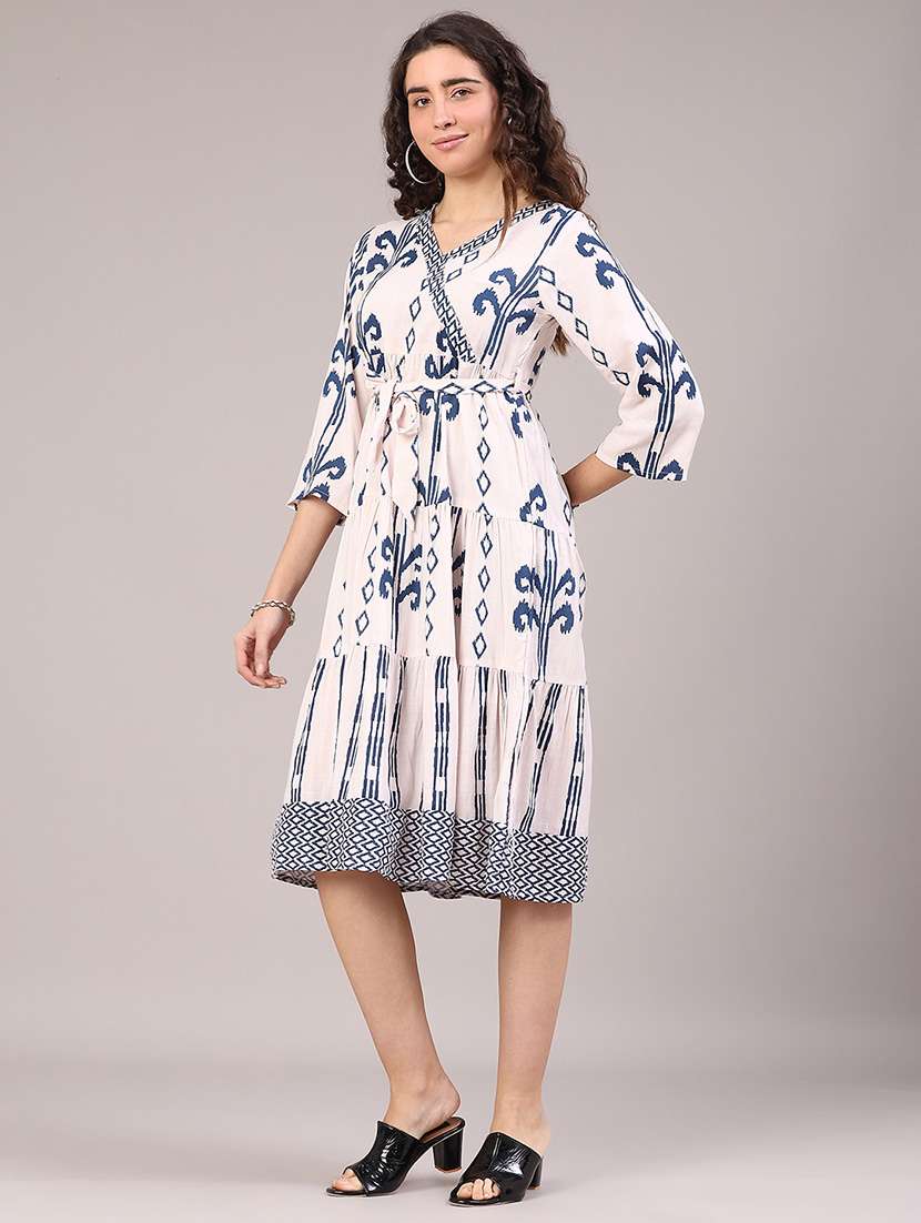 women ikat printed three quarter sleeve tiered ethnic dress - 22248269 -  Standard Image - 2