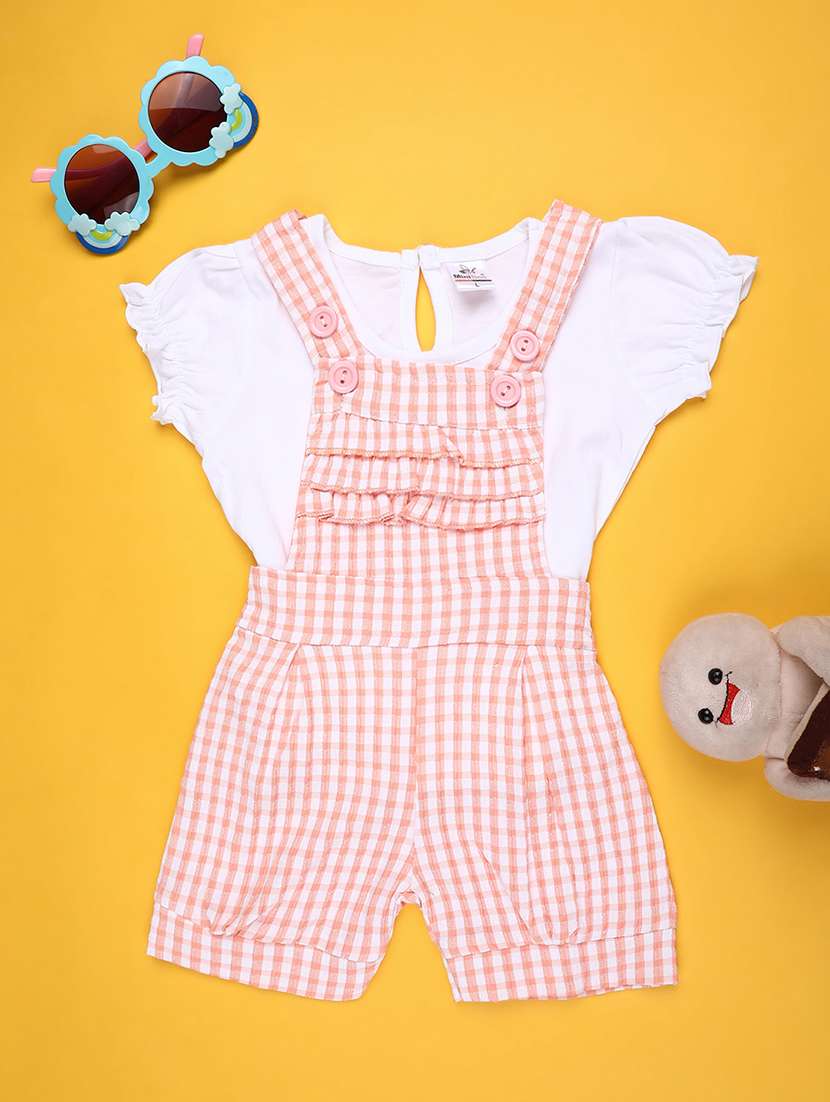 girls checkered t-shirt and dungaree set