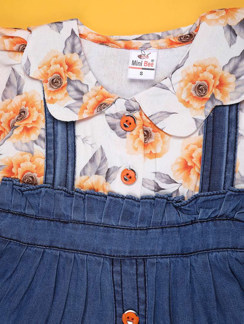 girls floral puff sleeves dungaree dress with bloomer - 22248624 -  Standard Image - 2