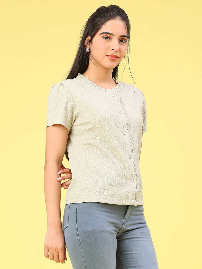 women solid puff sleeve button down  top - 22248779 -  Standard Image - 2