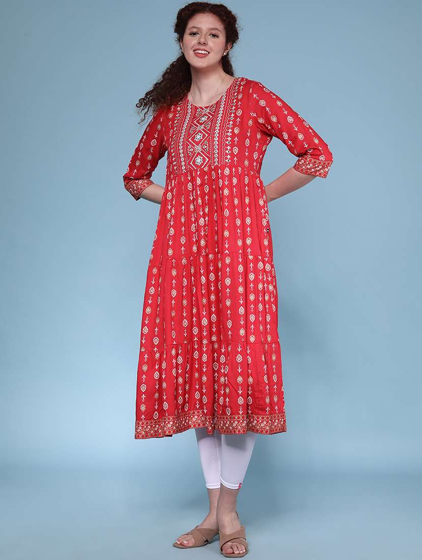women printed three quarter sleeve tiered kurta - 22248807 -  Standard Image - 2