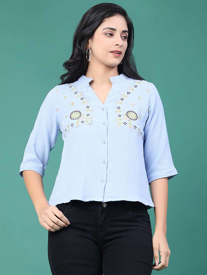 women solid with work three quarter sleeve top - 22249283 -  Standard Image - 2