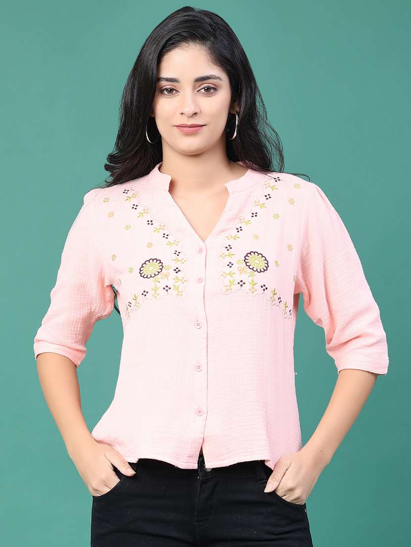women solid with work three quarter sleeve top - 22249289 -  Standard Image - 2