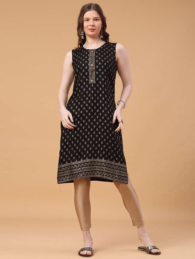 women foil printed sleeveless straight kurta - 22249412 -  Standard Image - 2