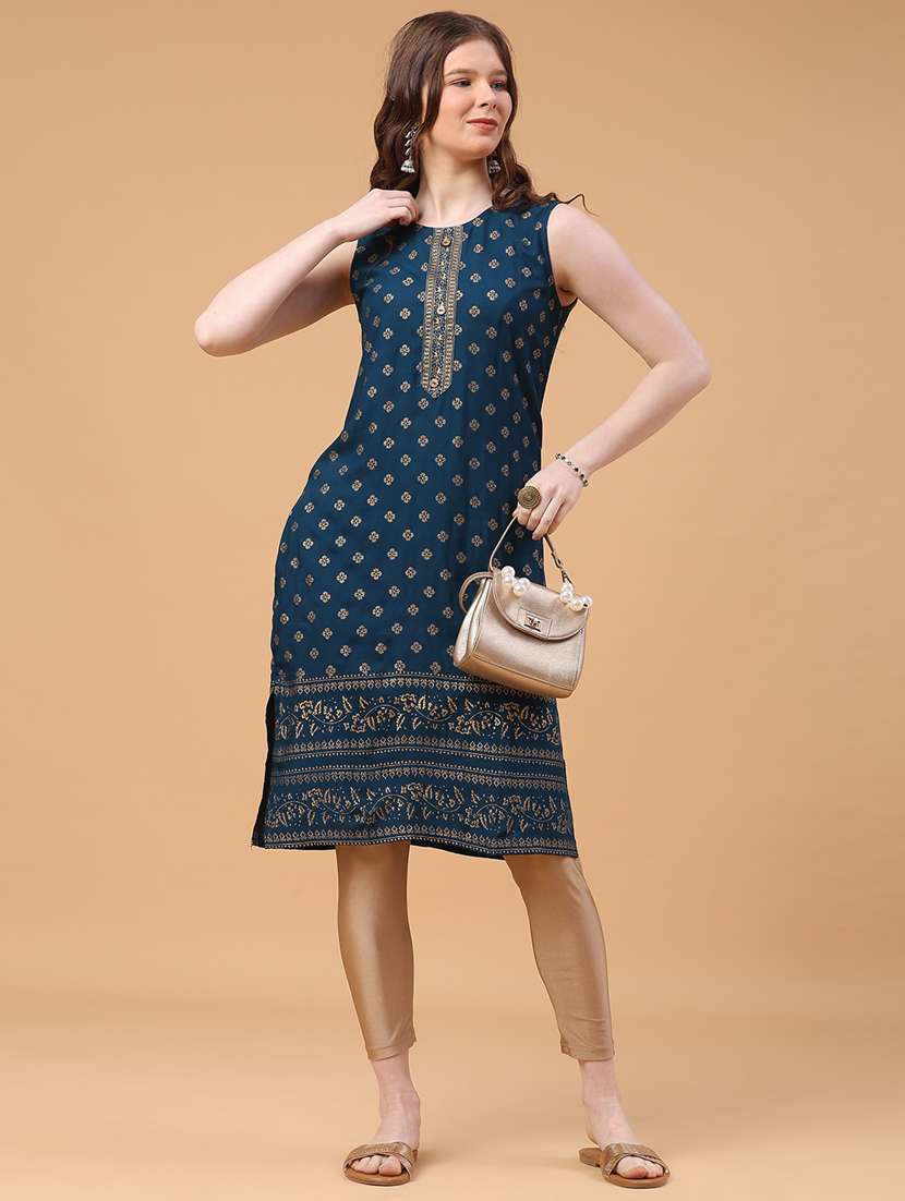 women foil printed sleeveless straight kurta