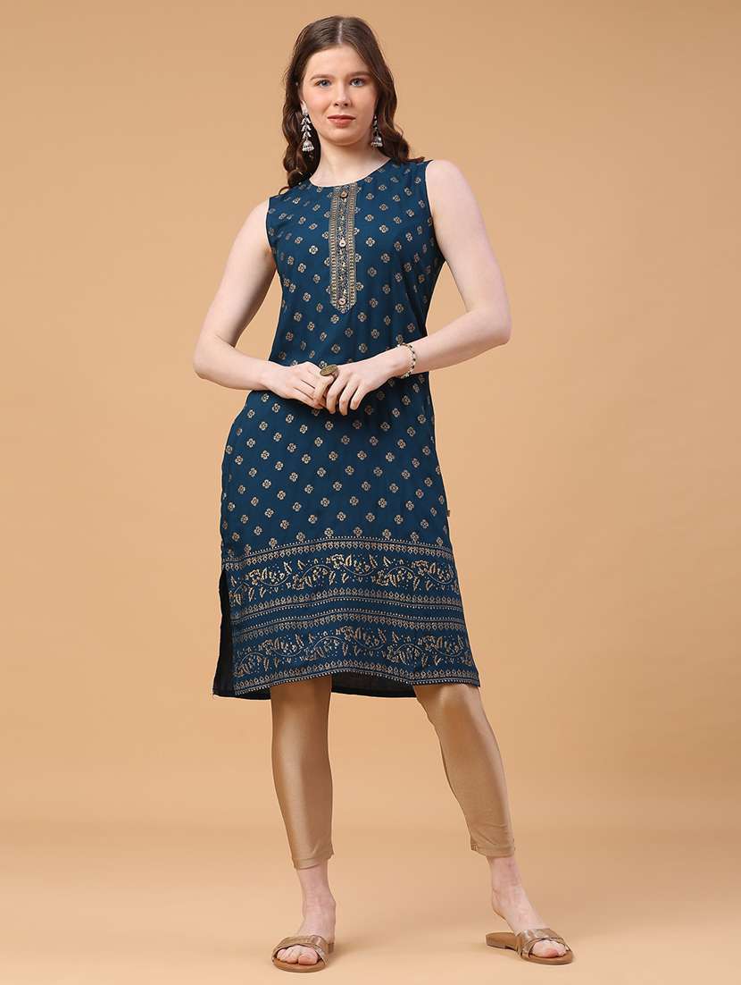 women foil printed sleeveless straight kurta - 22249418 -  Standard Image - 2