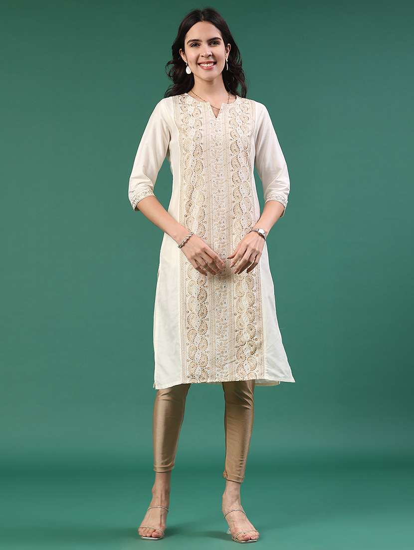 women solid with work three quarter sleeve kurta - 22249430 -  Standard Image - 2