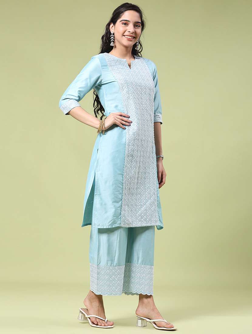 women solid with work three quarter sleeve straight kurta - 22249432 -  Standard Image - 2