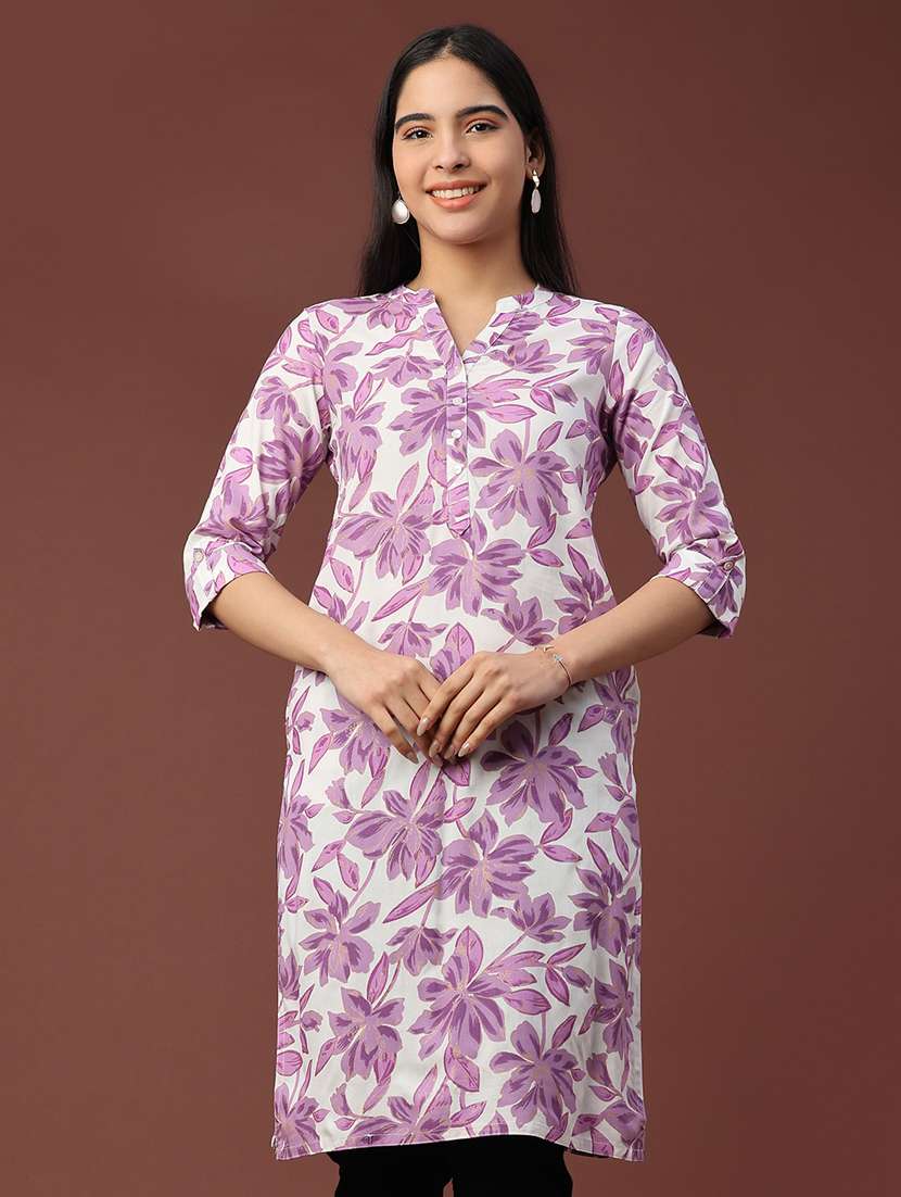 women floral three quarter sleeve straight kurta