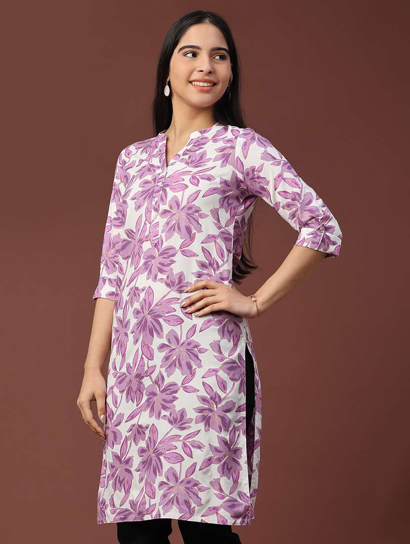 women floral three quarter sleeve straight kurta - 22249436 -  Standard Image - 2