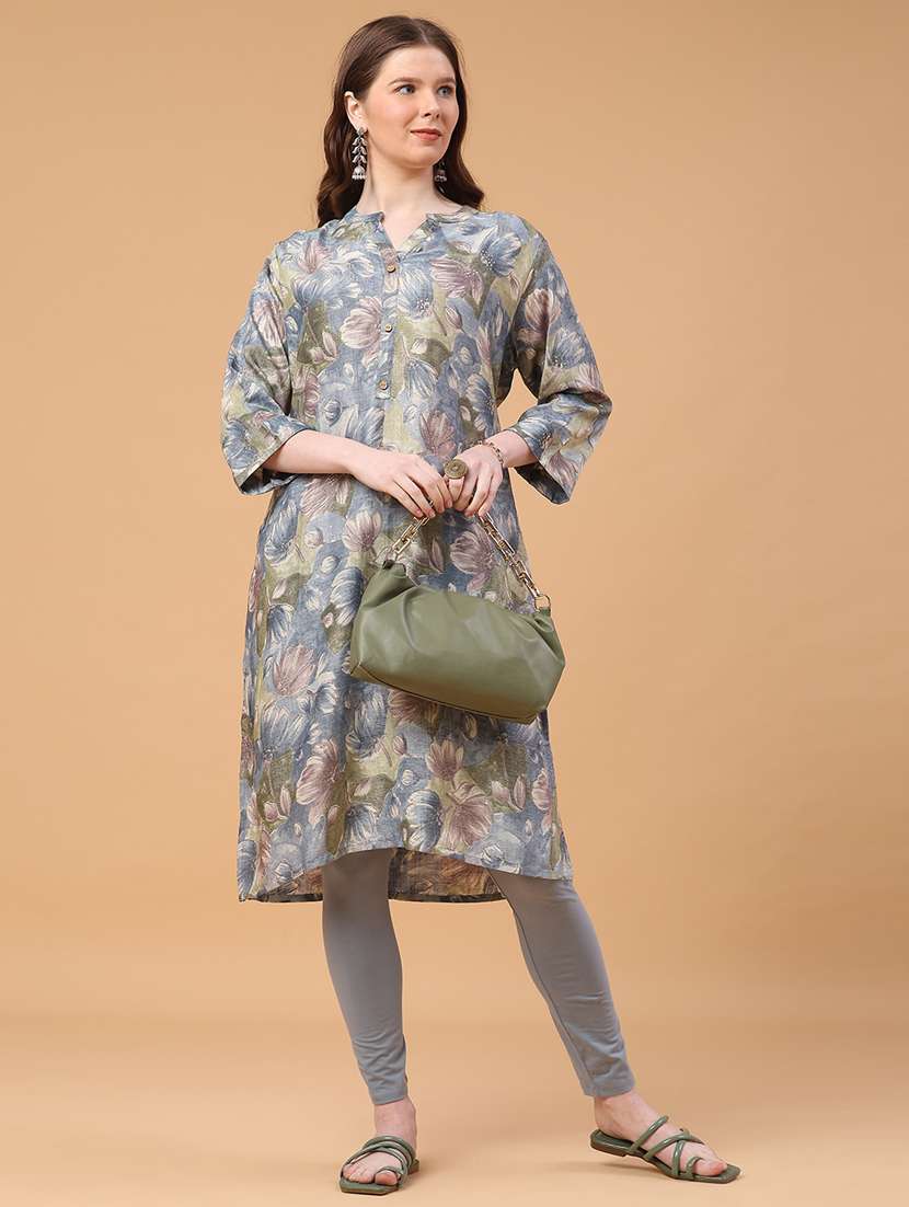 women floral three quarter sleeve straight kurta - 22249465 -  Standard Image - 2