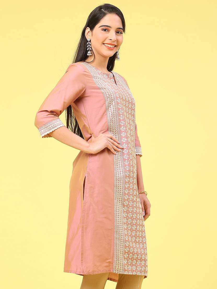 women solid with work three quarter sleeve straight kurta - 22249477 -  Standard Image - 2