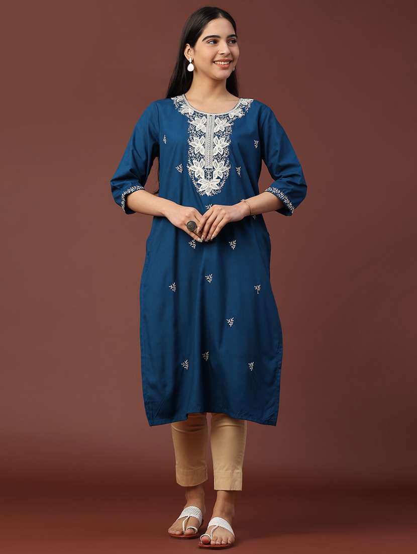 women solid with work three quarter sleeve straight kurta - 22249508 -  Standard Image - 2