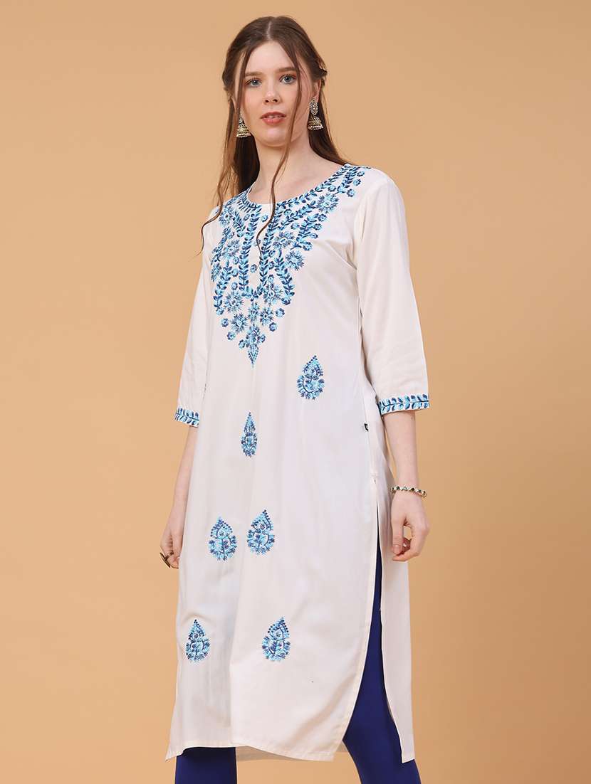 women solid with work three quarter sleeve straight kurta - 22249509 -  Standard Image - 2