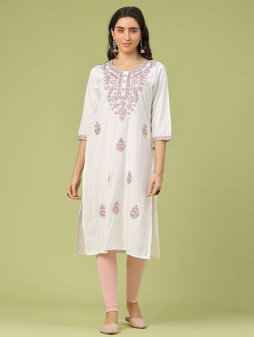 women solid with work three quarter sleeve straight kurta - 22249512 -  Standard Image - 2
